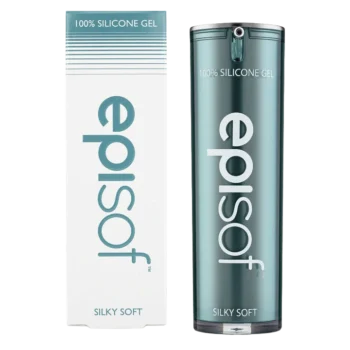 Episof 30 ml silikon gel med en modern, rund flaska i klar, grönaktig färg. Förpackningen har en vit etikett med texten "100% SILICONE GEL" och "SILKY SOFT" i stilren design. Produkten är avsedd för att ge en mjuk och silkeslen känsla på huden.